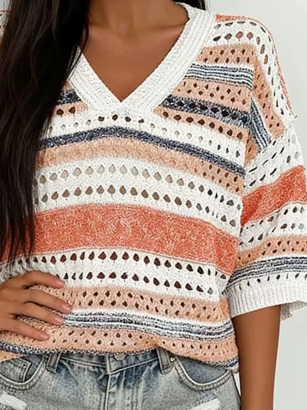 Chic Striped Crochet Knit Top