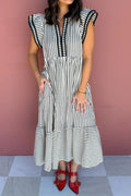 Black Stripe Plus Size Slit V Neck Tiered Flutter Sleeve Maxi Dress