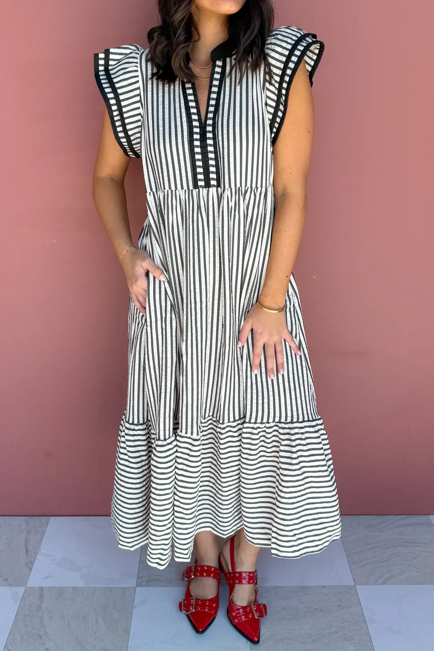 Black Stripe Plus Size Slit V Neck Tiered Flutter Sleeve Maxi Dress