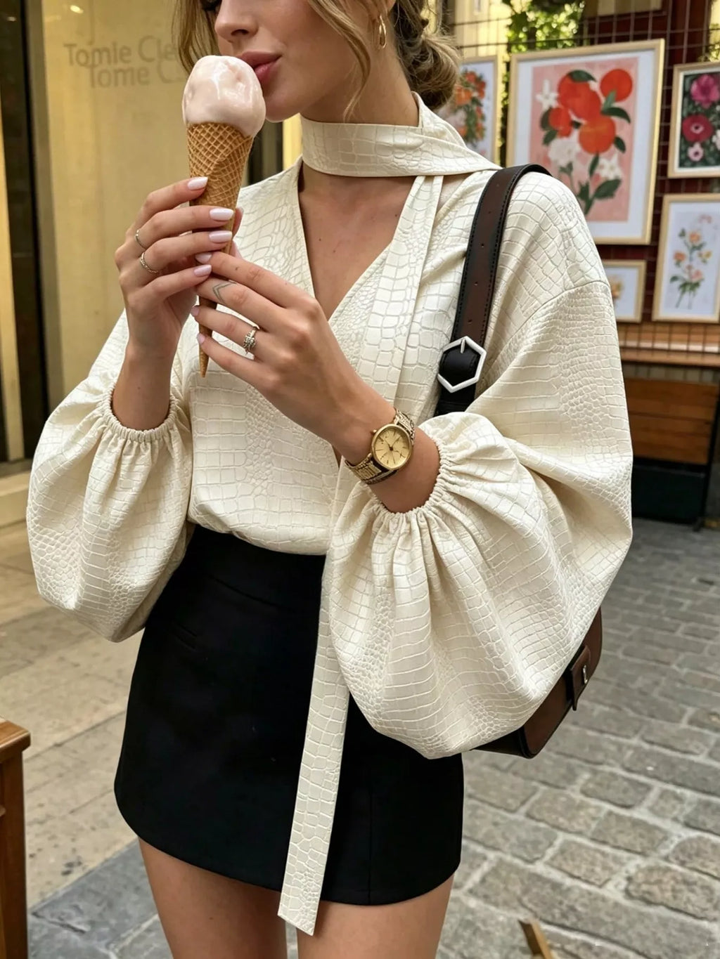 Crocodile-Embossed Surplice Balloon Sleeve Blouse