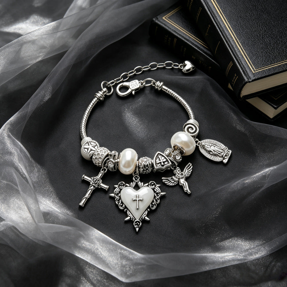 Retro Silver-White Heart And Cross Bracelet