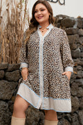 Khaki Plus Size Leopard Print Striped Trim V Neck Drop Waist Long Sleeve Mini Dress