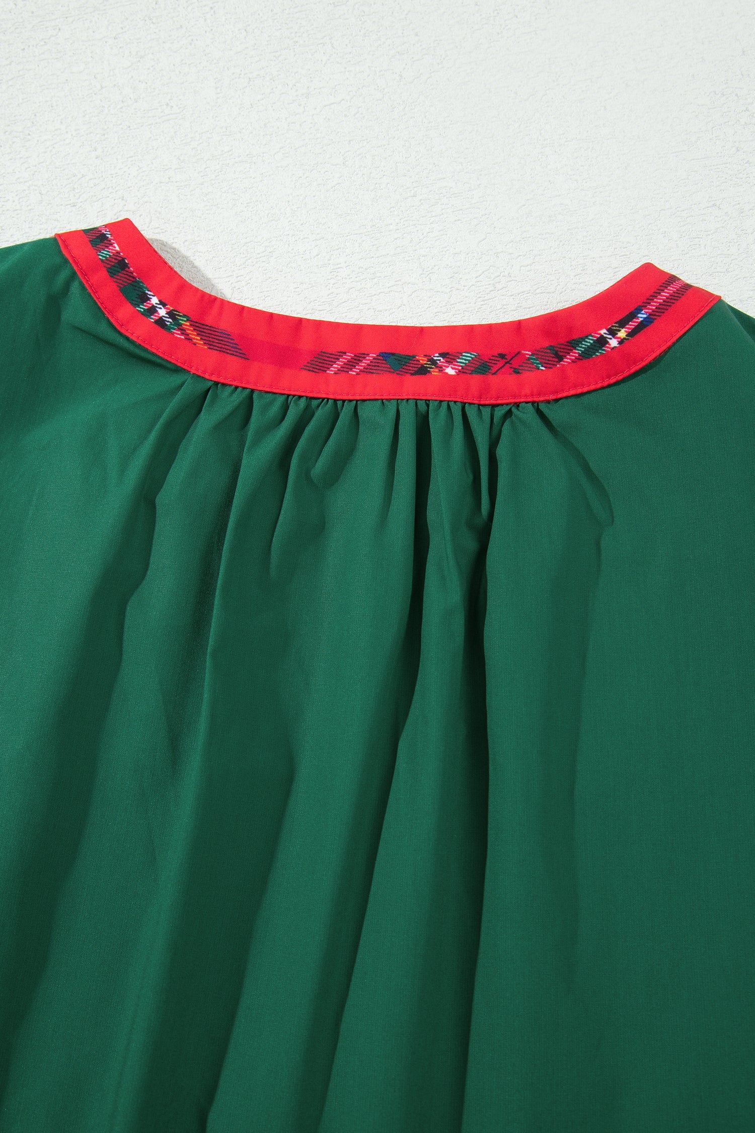 Evergreen Plaid Trim V Neck Short Sleeve Shift Blouse