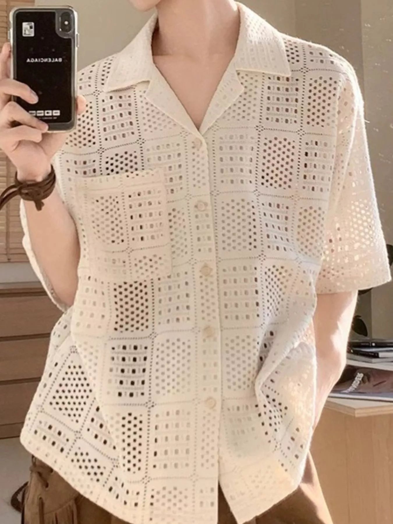 Men's Plus Size Crocheted Square Pattern Short Sleeve Shirt