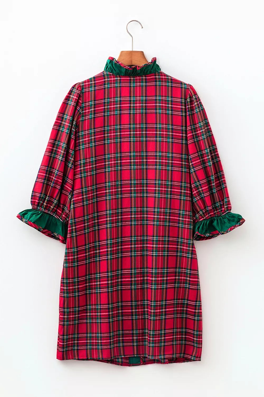 Plaid Ruffle Cuff Button Front Pocket Mini Dress