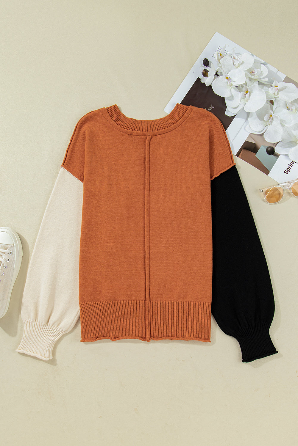 Colorblock Raw Edge Bubble Sleeve V-Neck Sweater