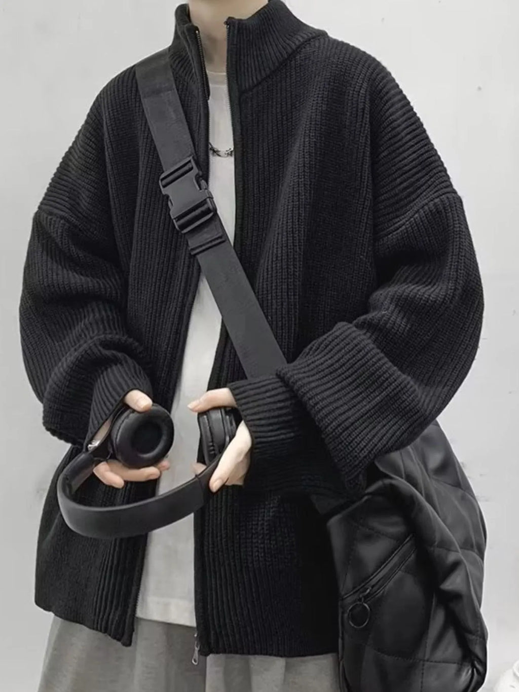 Men's Oversized Ribbed Zip-Up Sweater Cardigan