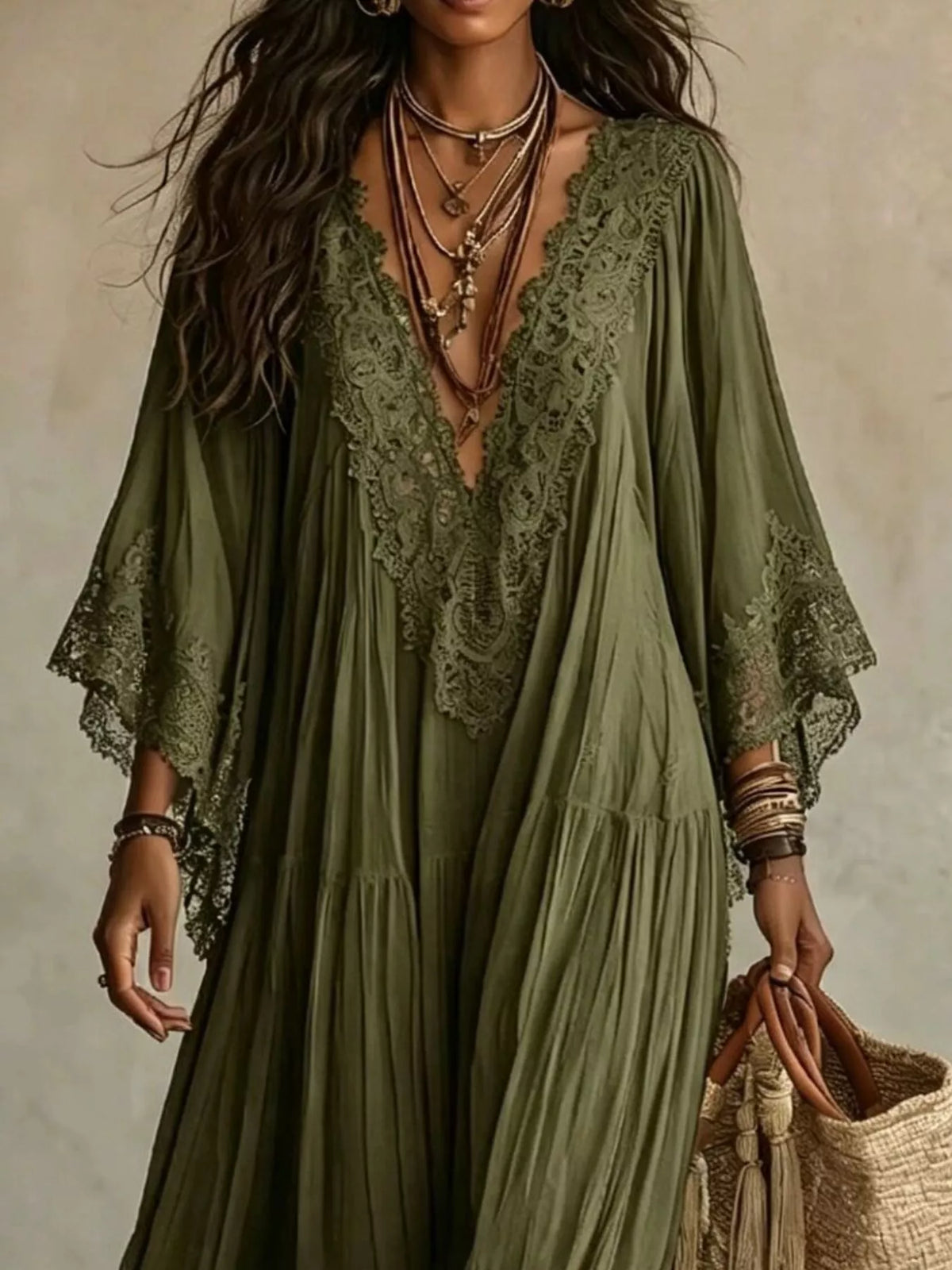Lace Trim V-Neck Maxi Dress