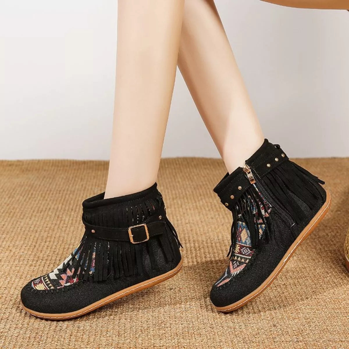 Fringe Side Zipper Ankle Boots
