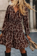 Ditsy Floral Print Split Neck Long Sleeve Shirred Waist Flared Mini Dress