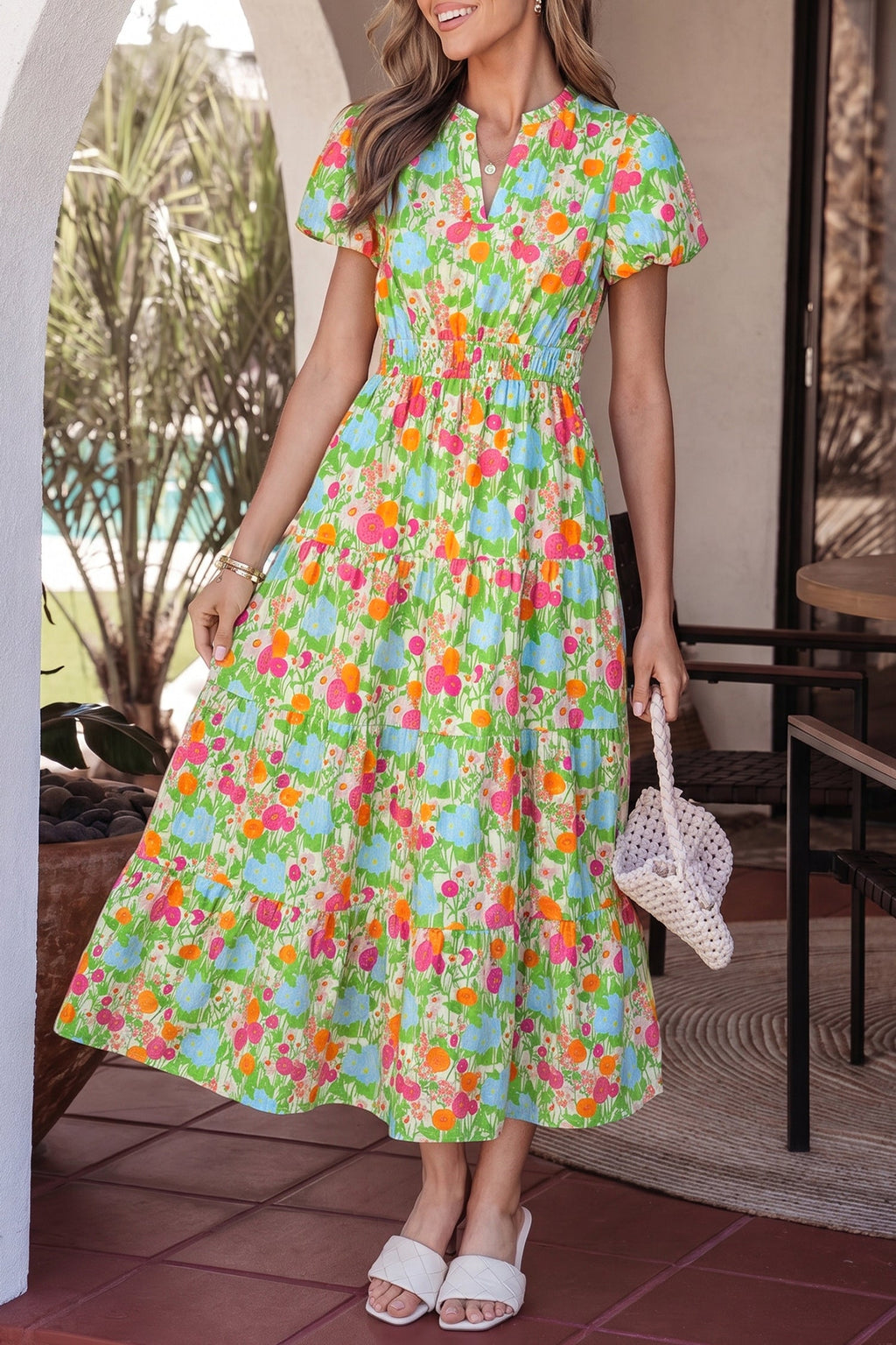Green Floral Print V Neck Short Puff Sleeve Cotton Maxi Dress