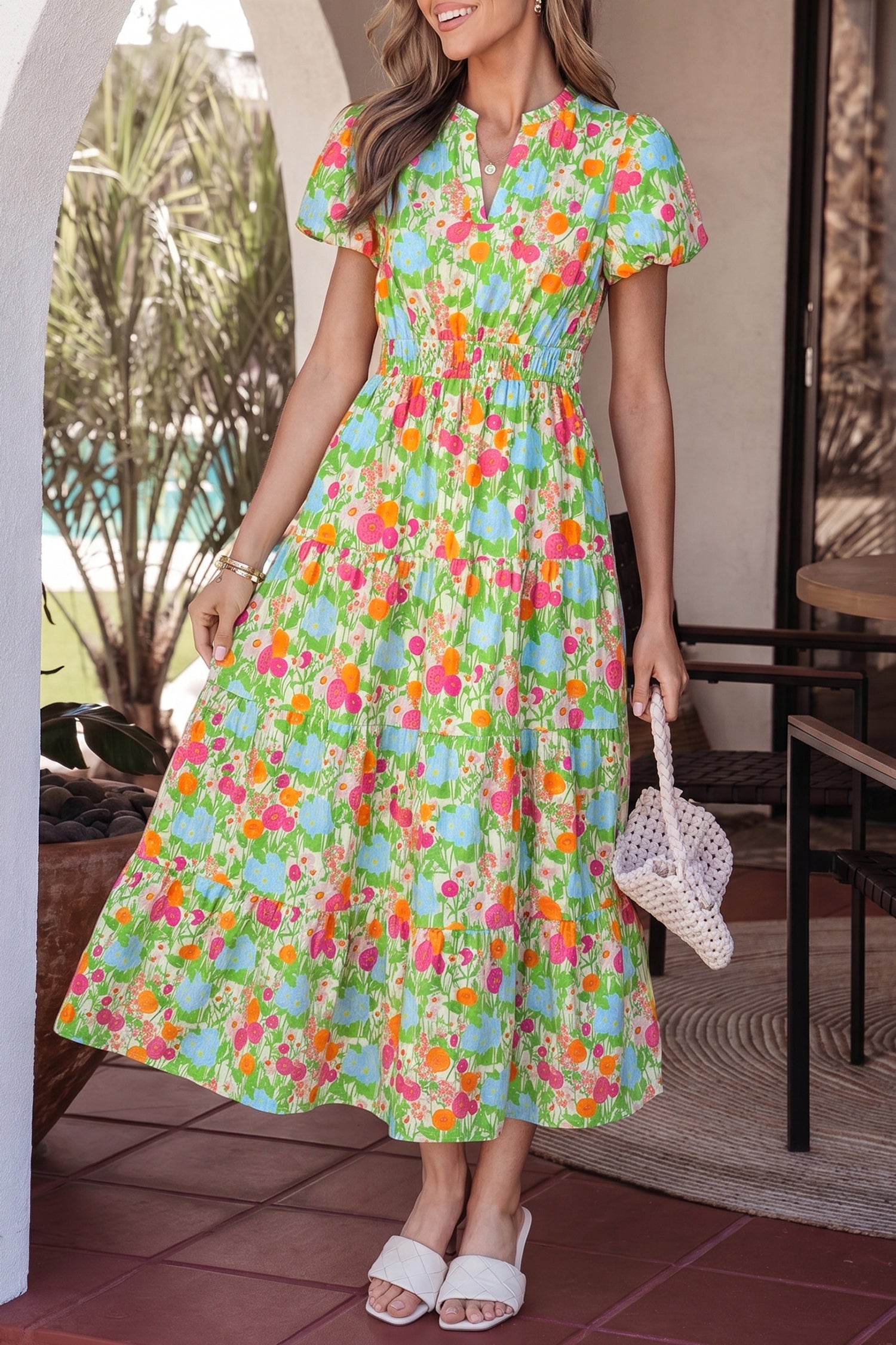 Green Floral Print V Neck Short Puff Sleeve Cotton Maxi Dress