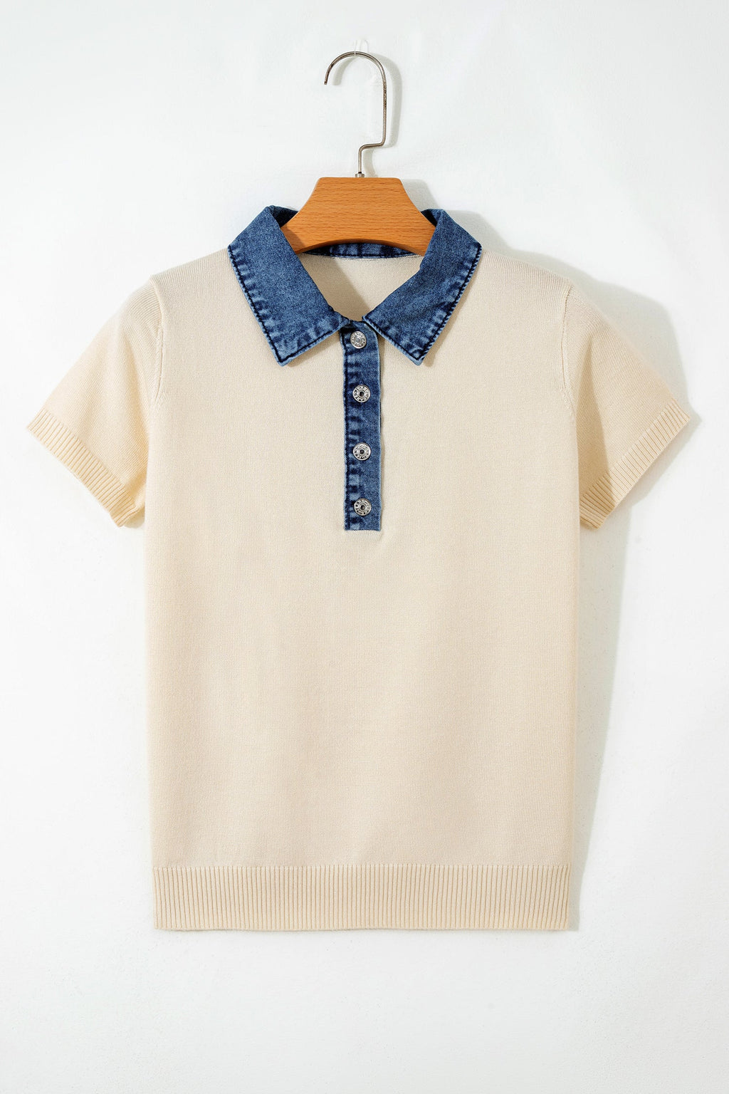 Denim Patchwork Polo Collar Short Sleeve Sweater