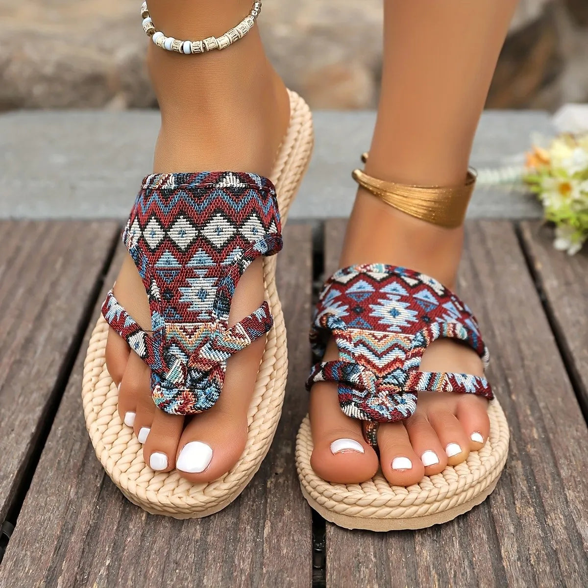 Geometric Print Toe Post Sandals