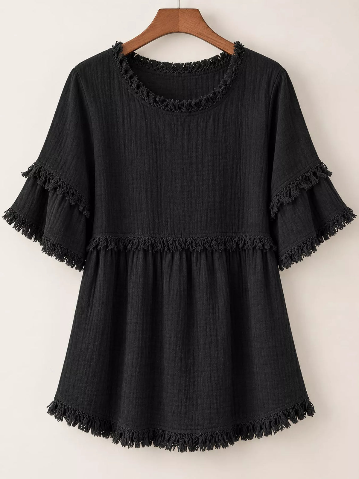 Full Size Frayed Edge Textured Blouse Plus Size