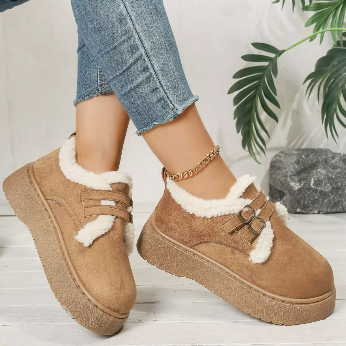 Buckle Strap Faux Fur Trim Platform Boots
