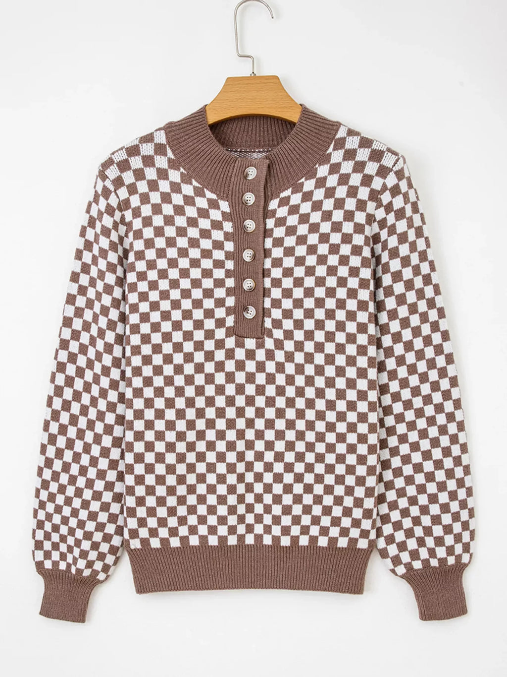 Half Button Ribbed Trim Checkerboard Knit Sweater