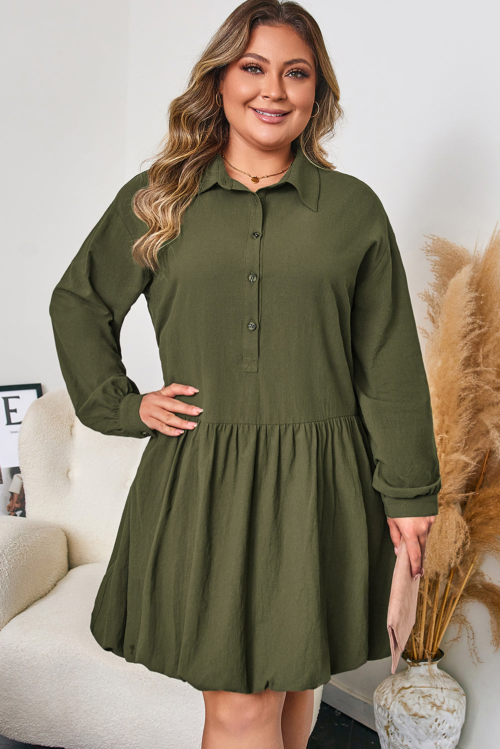 Plus Size Collared Half-Button Ruffle Hem Mini Dress