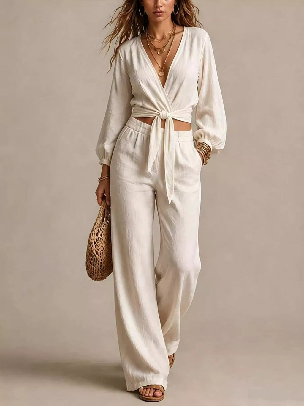 Tie-Front Crop Top and Wide-Leg Pant Set