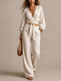 Tie-Front Crop Top and Wide-Leg Pant Set