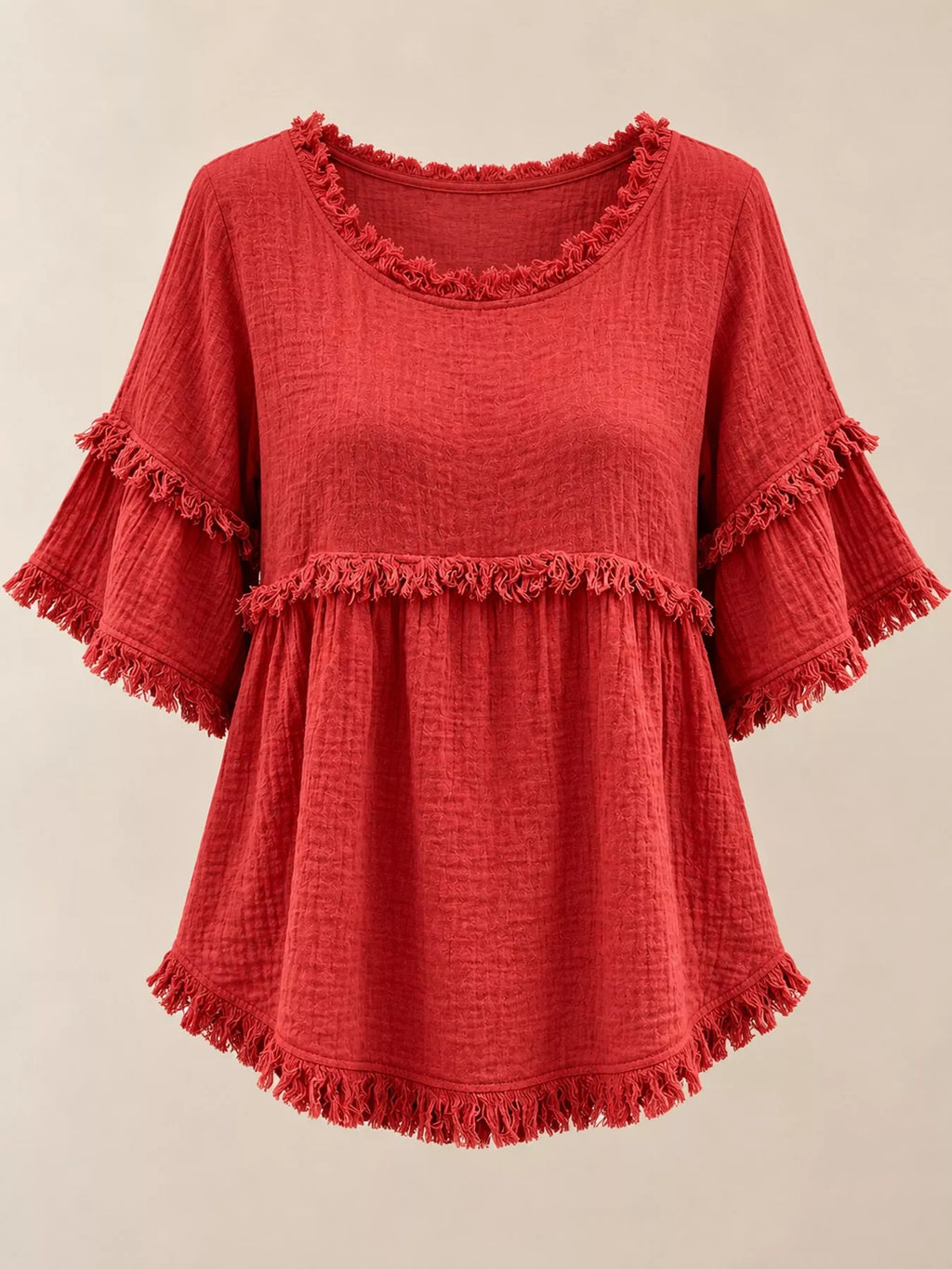 Full Size Frayed Edge Textured Blouse Plus Size