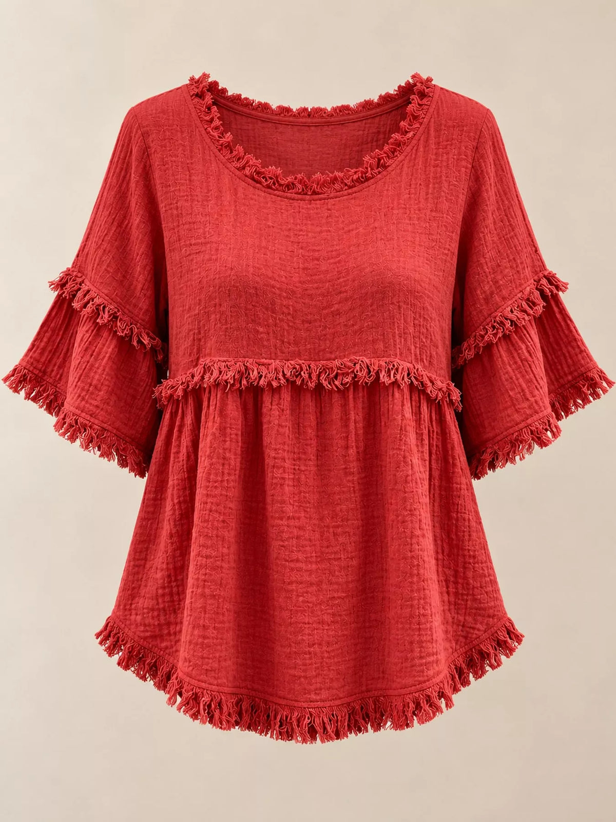 Full Size Frayed Edge Textured Blouse Plus Size