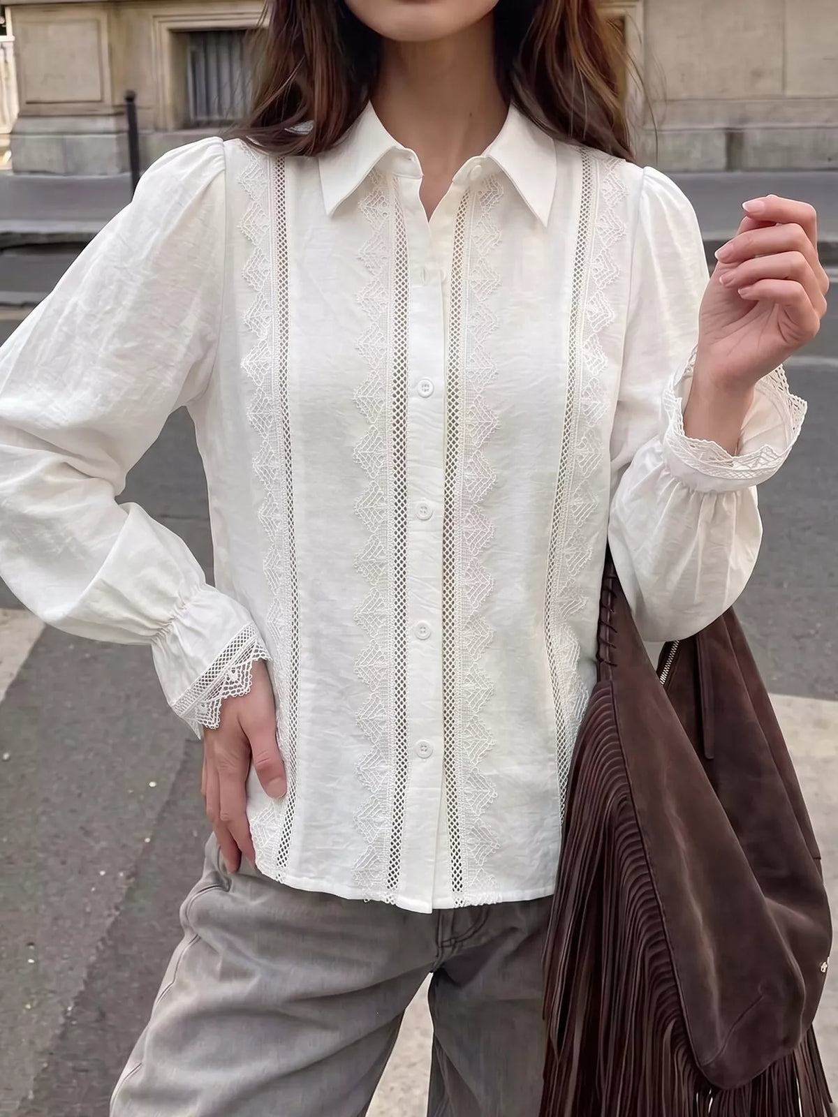 Lace-Trimmed Button-Down Shirt