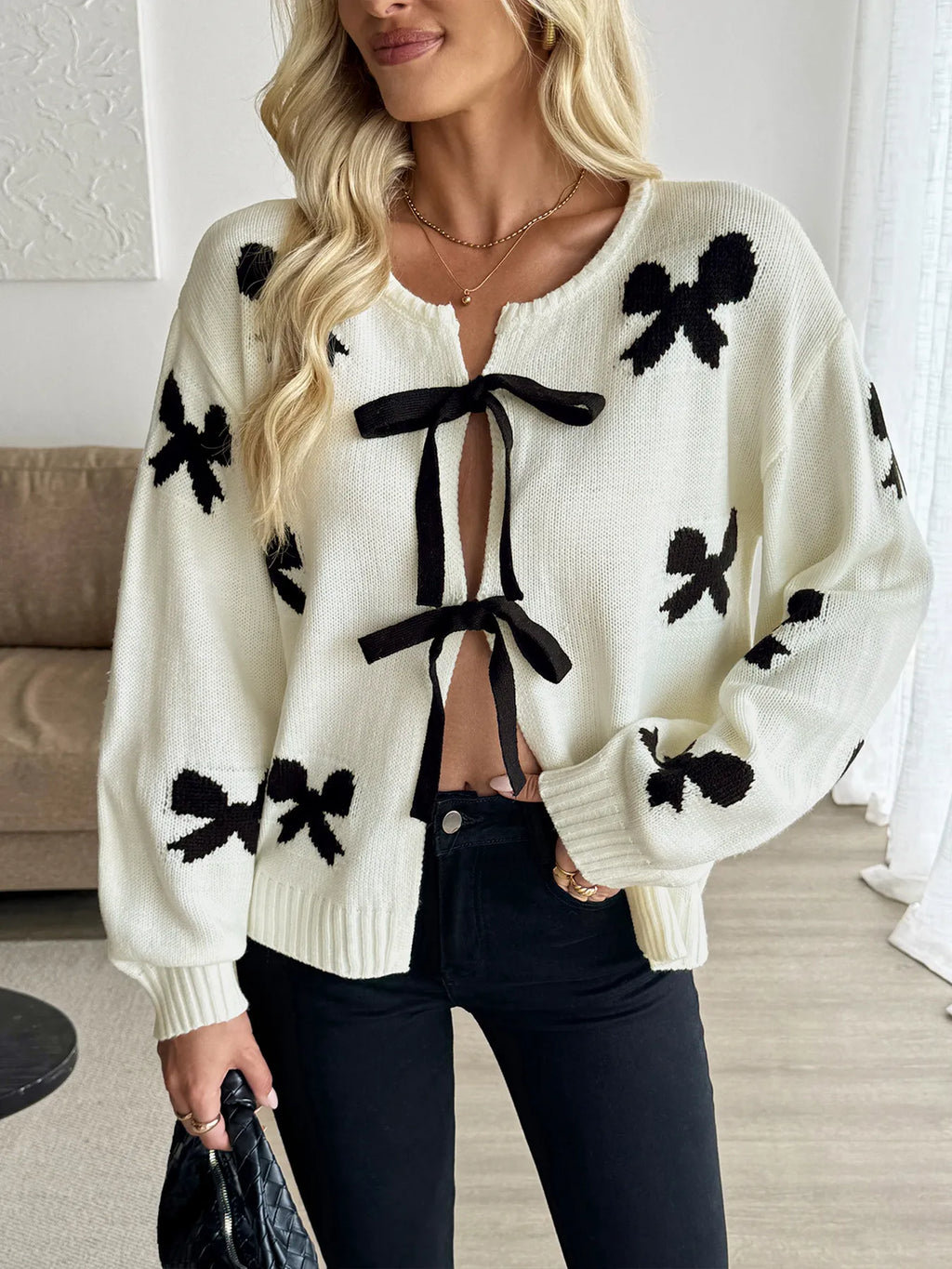Bow Print Tie-Front Cardigan