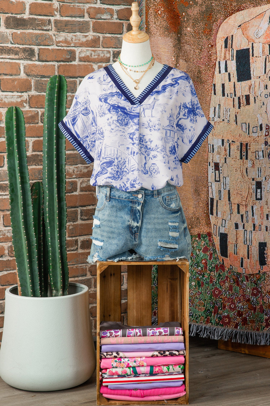 Blue Wild Animal Paradise Striped Trim V Neck Short Sleeve Blouse
