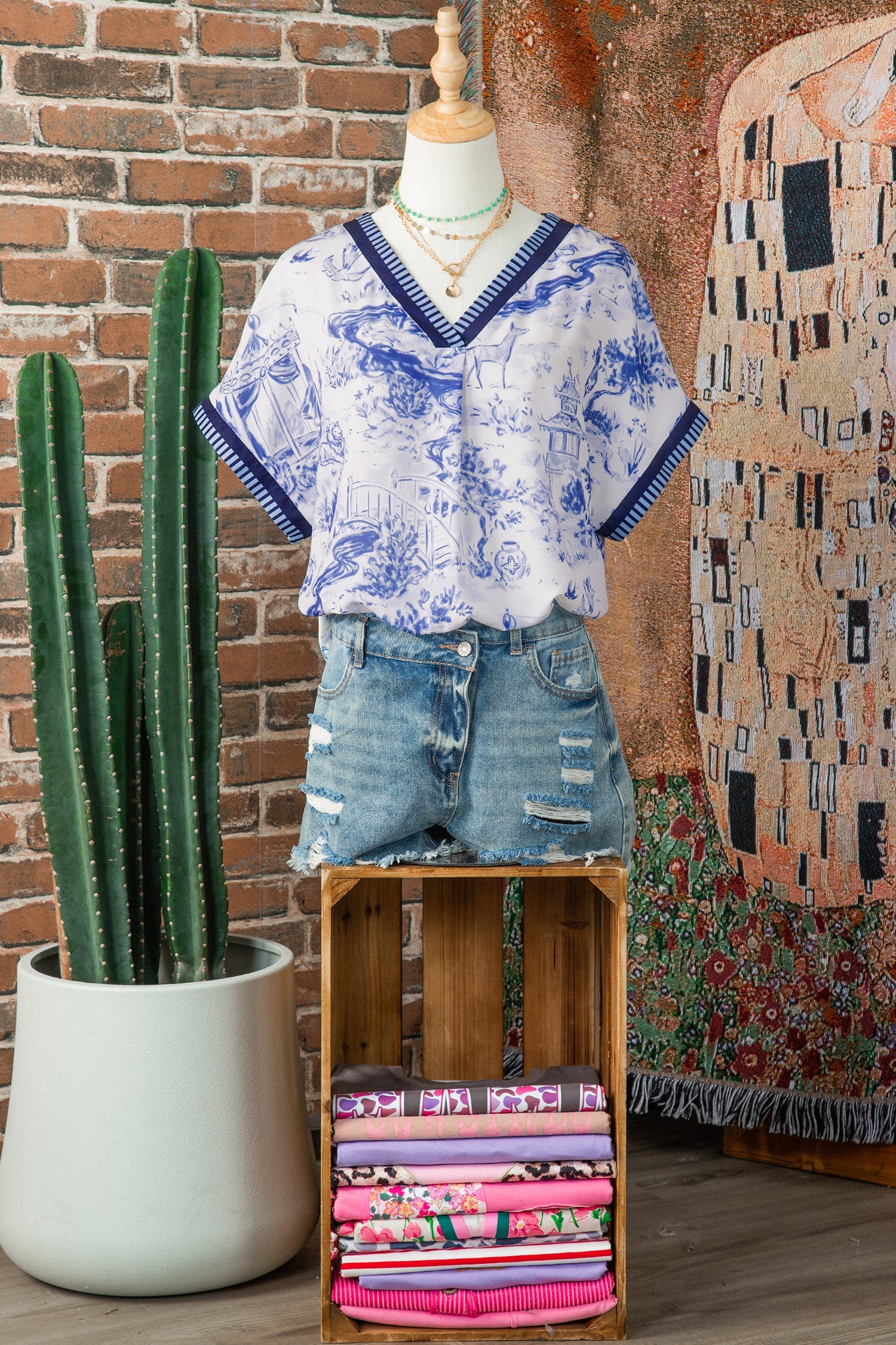 Blue Wild Animal Paradise Striped Trim V Neck Short Sleeve Blouse