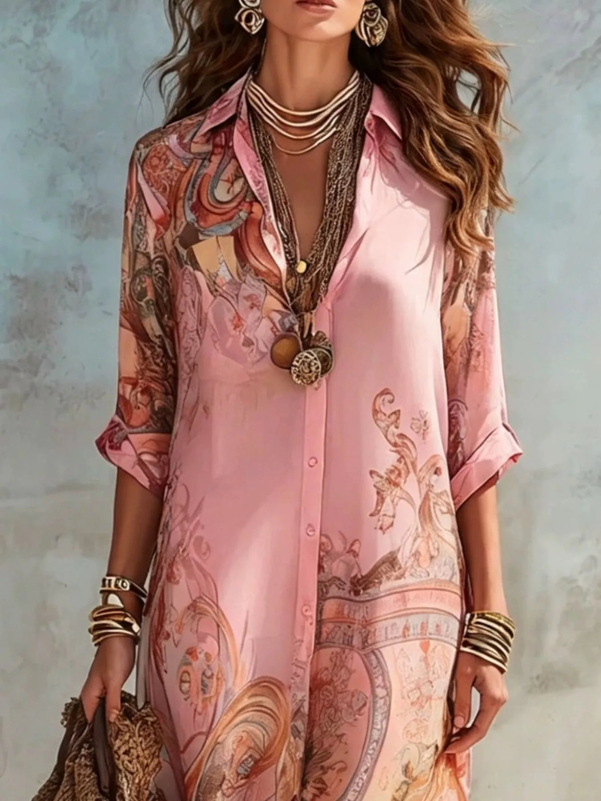 Full Size Printed Button-Down Maxi Shirt Dress Plus Size