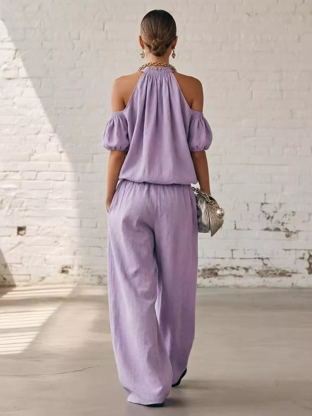 Full Size Cold-Shoulder Top and Wide-Leg Pant Set Plus Size
