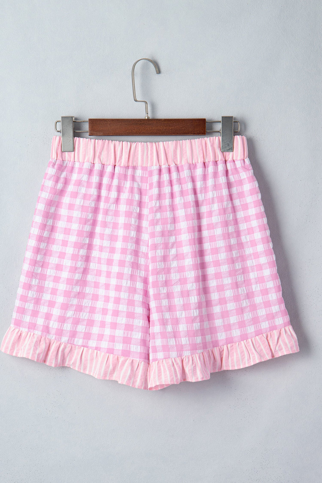 Pink Gingham Print Ruffle Striped Detail Lace Tie Shorts