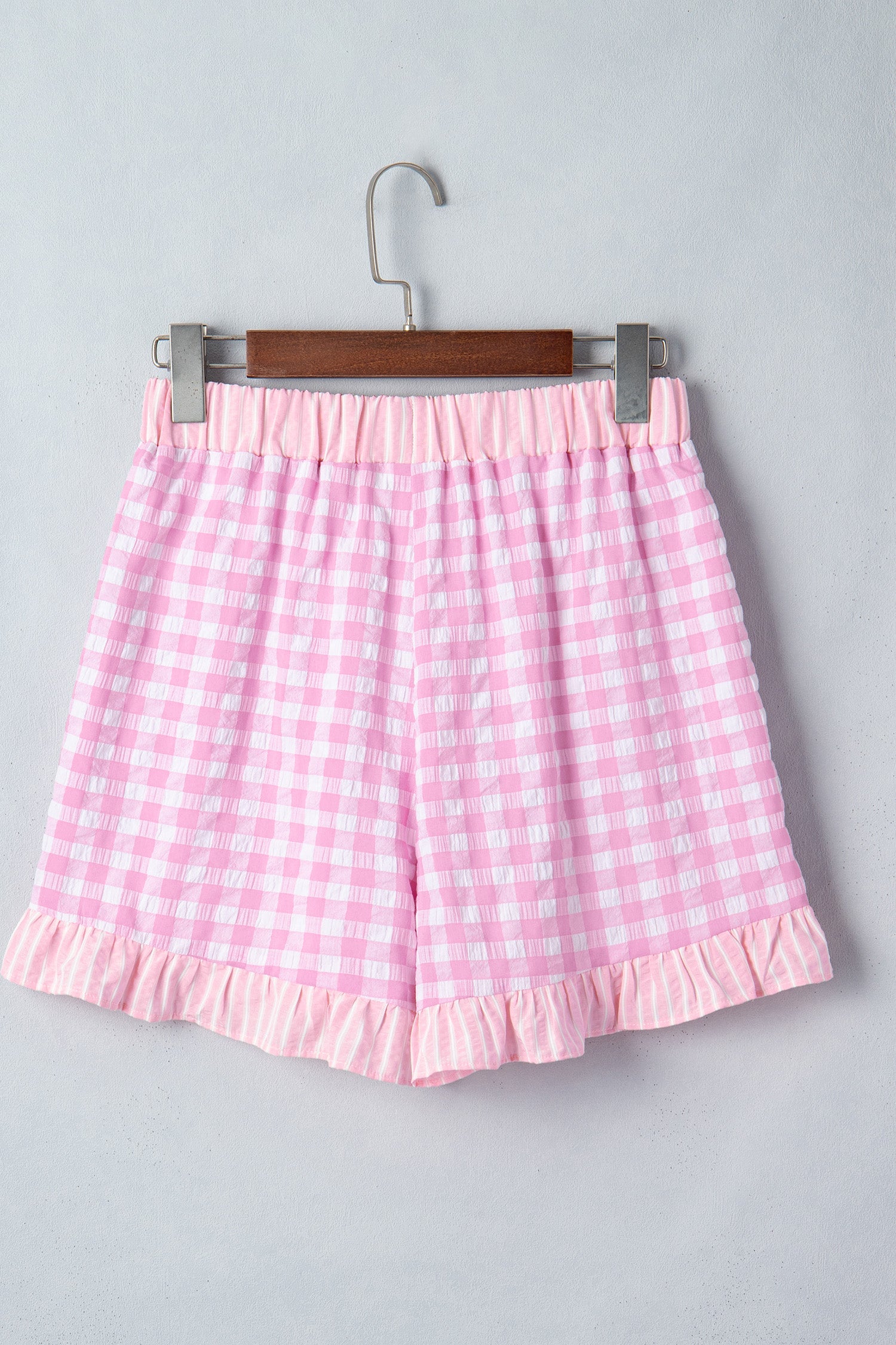Pink Gingham Print Ruffle Striped Detail Lace Tie Shorts