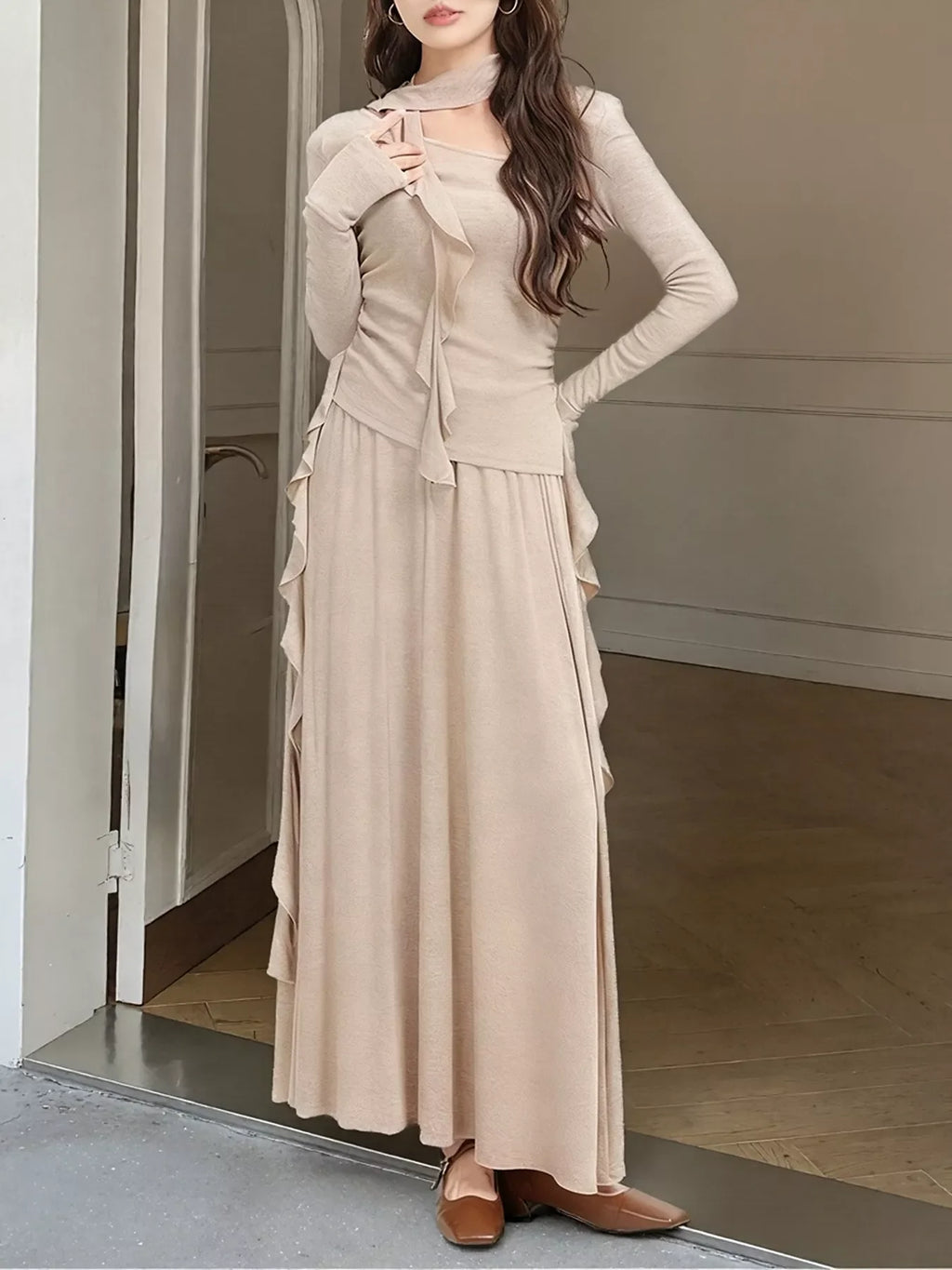 Ruffled Long Sleeve Knit Top and Maxi Skirt Set