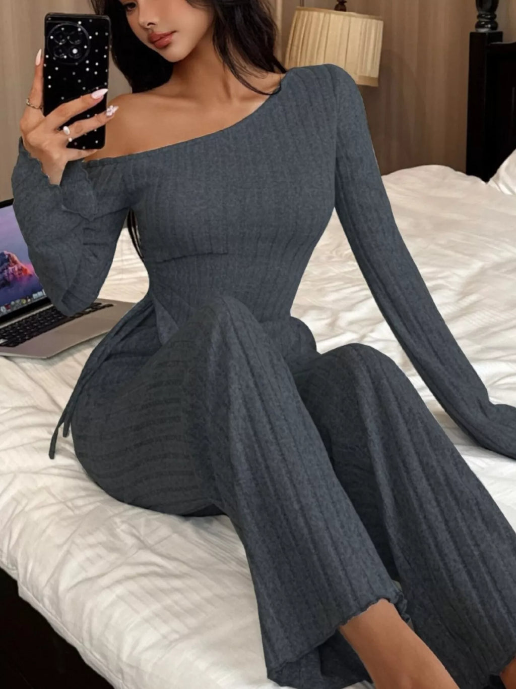 One-Shoulder Ribbed Knit Top and Pants Set