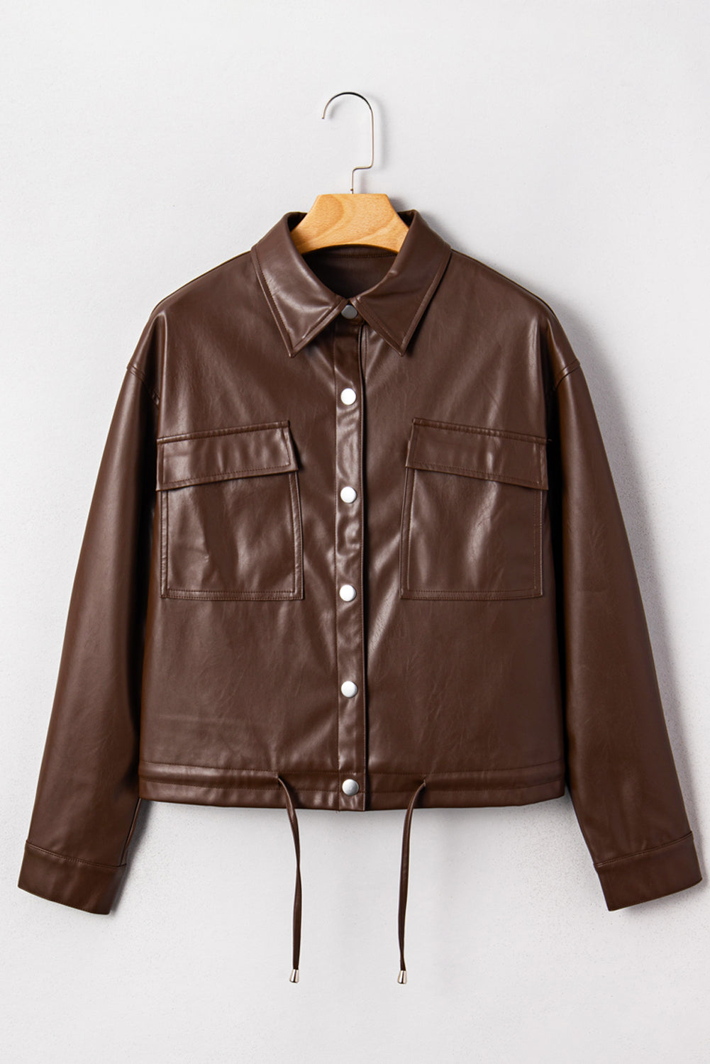 Leather Drawstring Hem Pocketed Jacket