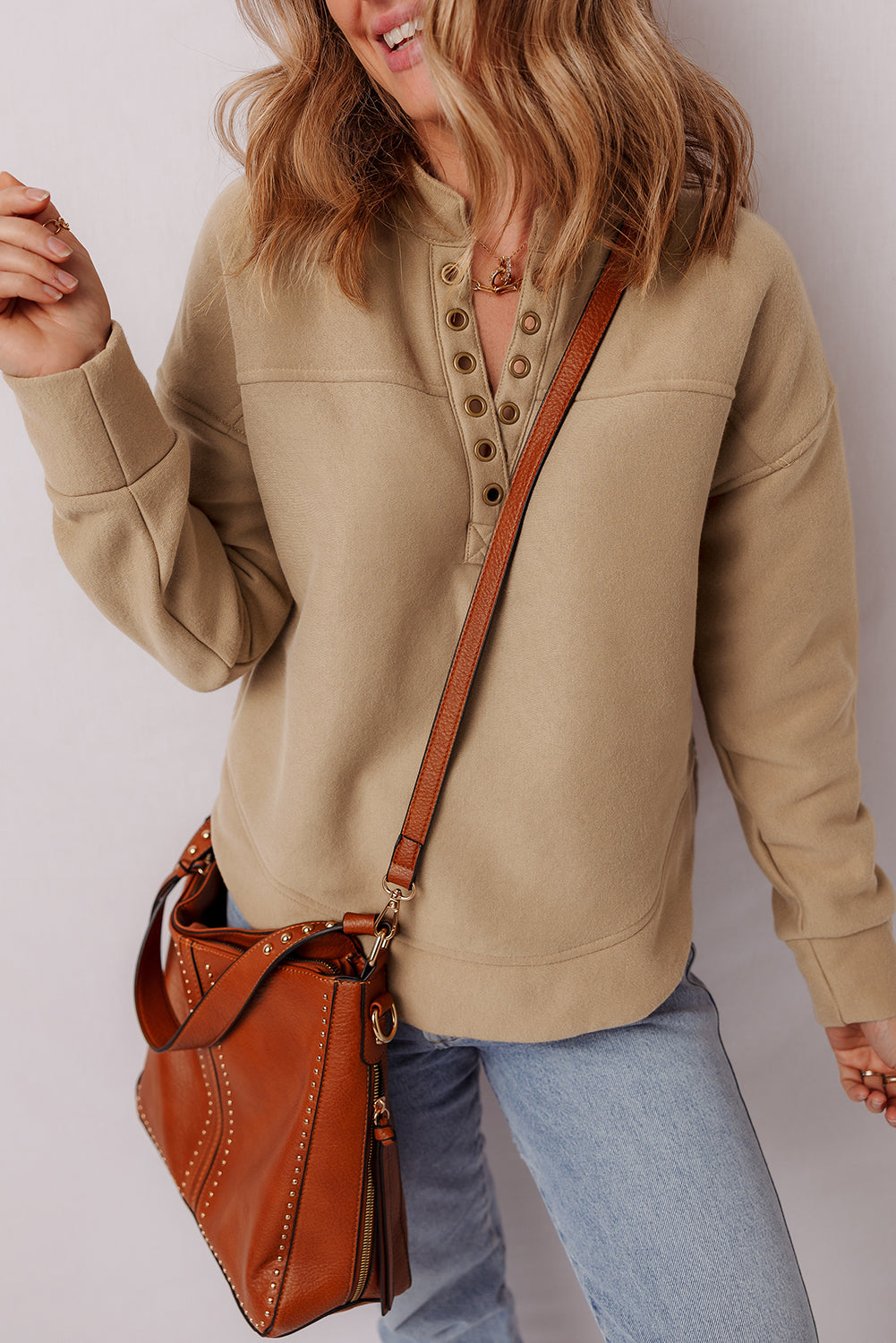 Solid Grommet V-Neck Drop Shoulder Sweatshirt