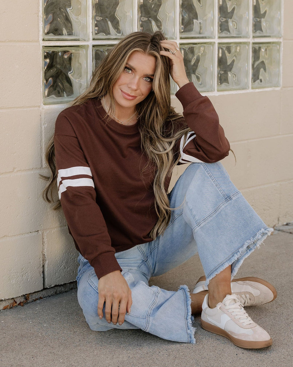 Varsity Striped Sleeve Loose Sweatshirt - Coffee