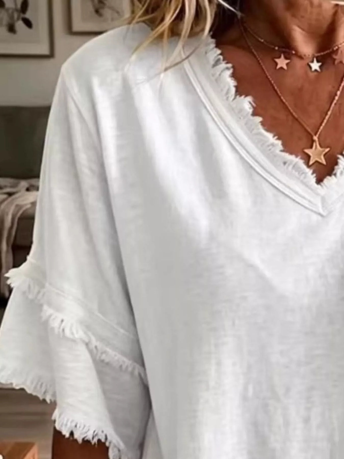 Full Size Frayed Edge V-Neck Blouse Plus Size