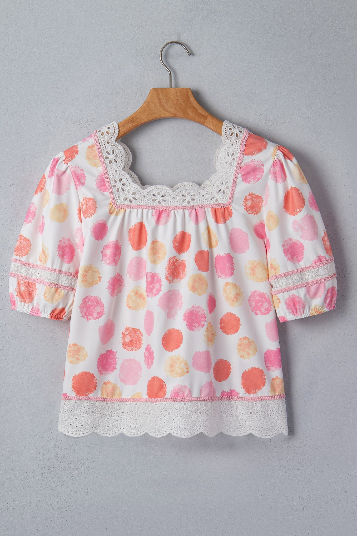 Pink Polka Dot Lace Trim Square Neck Puff Sleeve Blouse