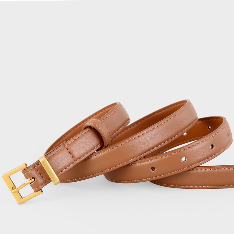 Leather Skinny Belt with Golden Buckle