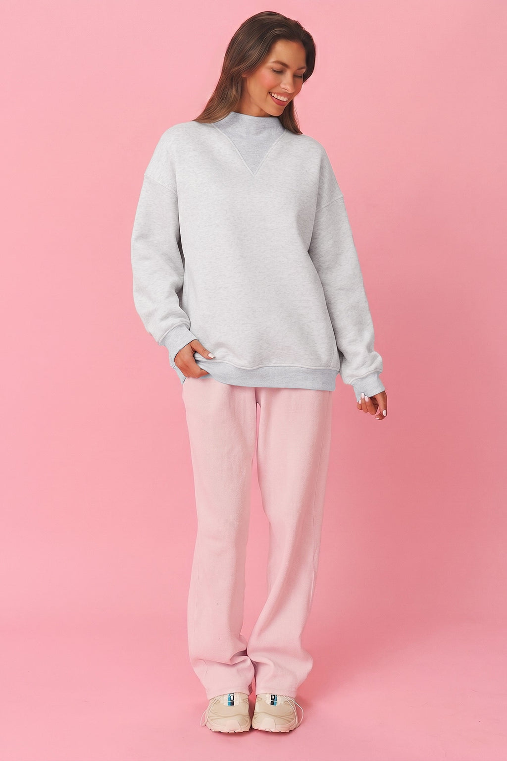 Light Grey High Neck Ribbed Cuff Hem Sweatshirt