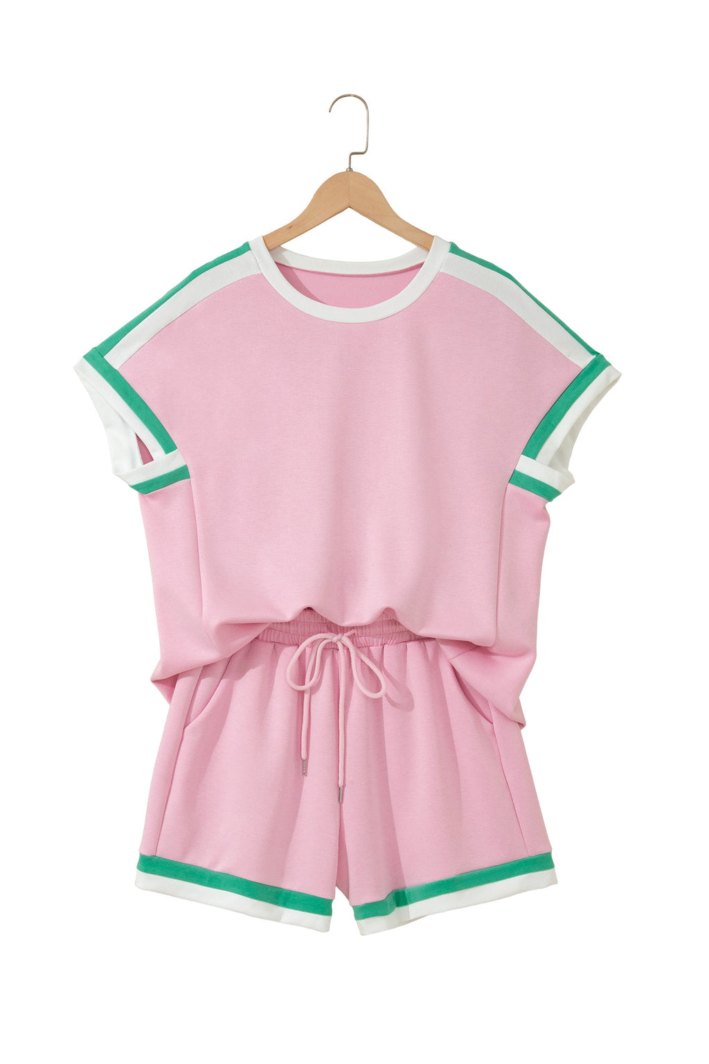 Bonbon Striped Trim Casual Tee Drawstring Shorts 2pcs Set