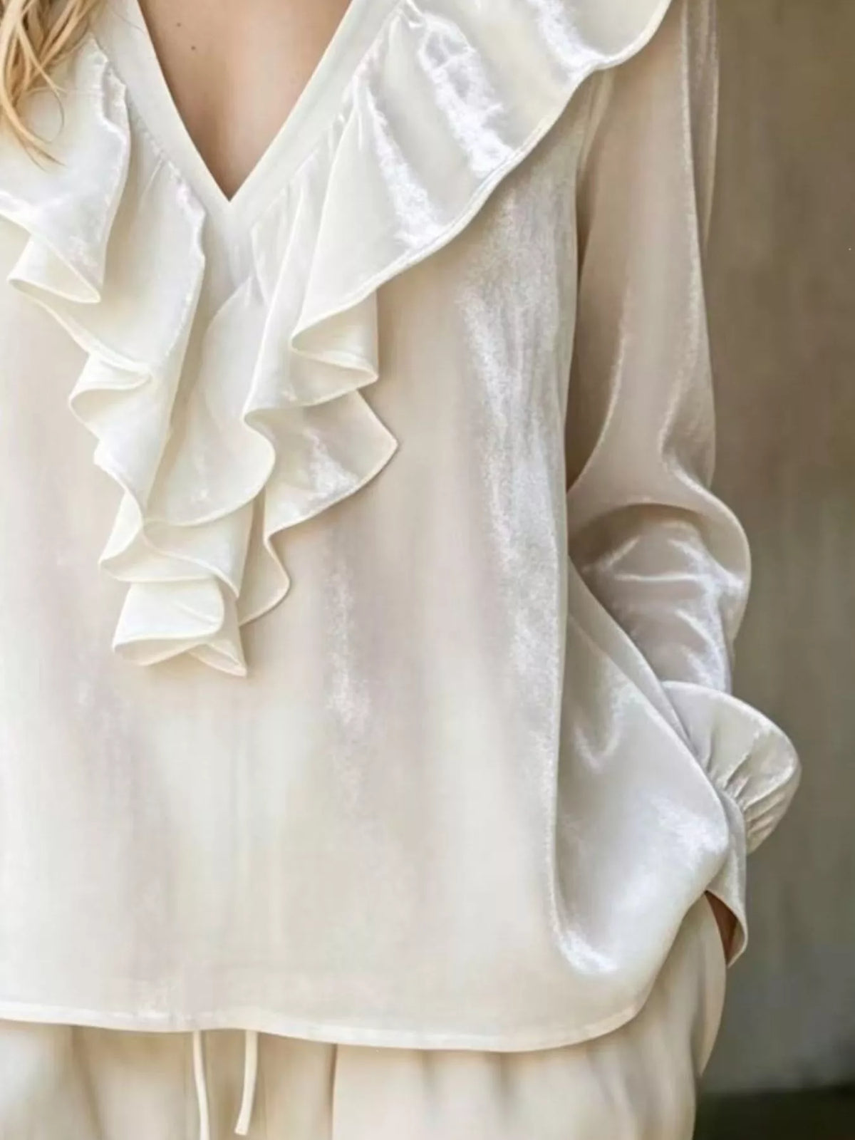 Full Size Velvet Ruffle V-Neck Blouse Plus Size