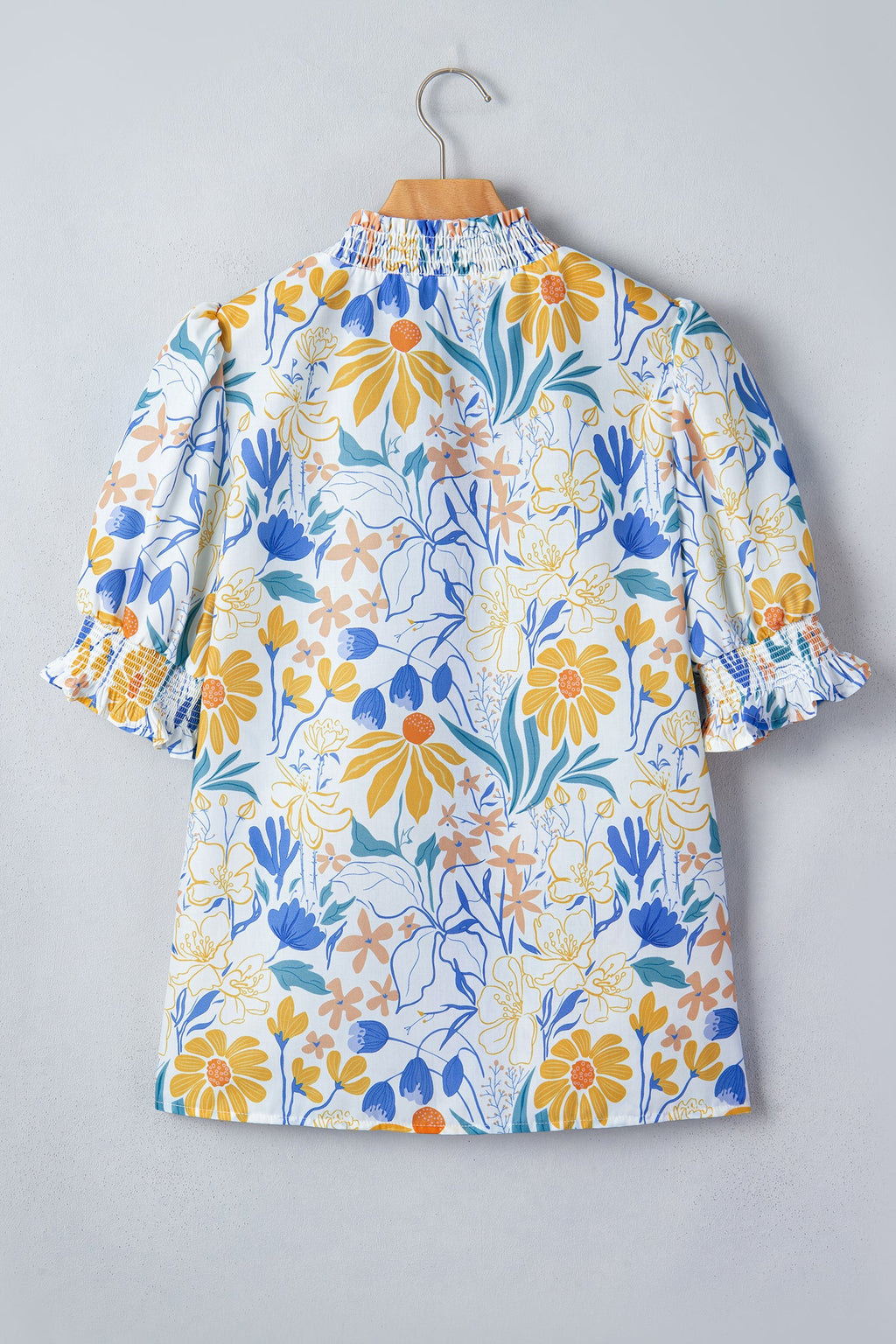 Yellow Floral Print Striped Trim V Neck Puff Sleeve Blouse