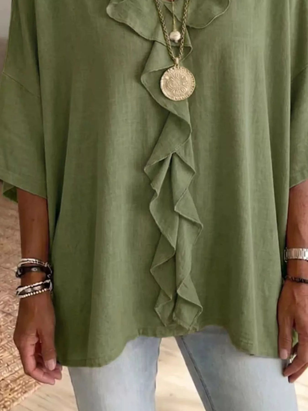Full Size Ruffled V-Neck 3/4 Sleeve Blouse Plus Size