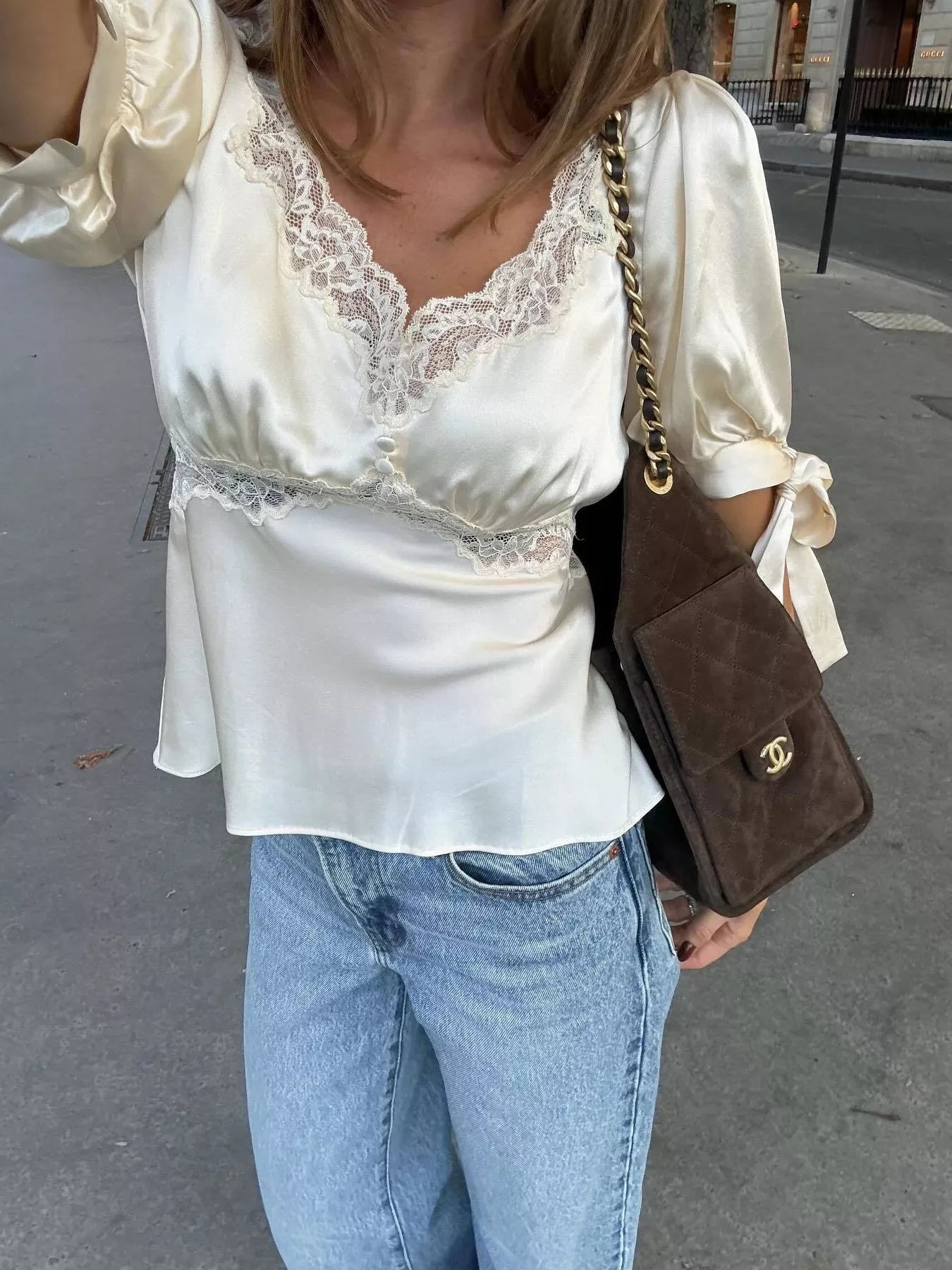 Satin Lace Trim and Tie-Sleeve Detail Blouse