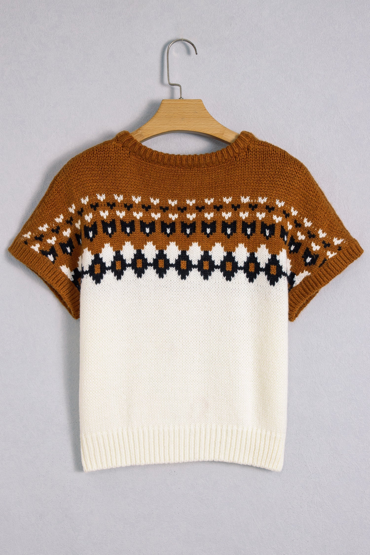 Brown V Neck Short Sleeve Geometric Print Western Style Knit Tee