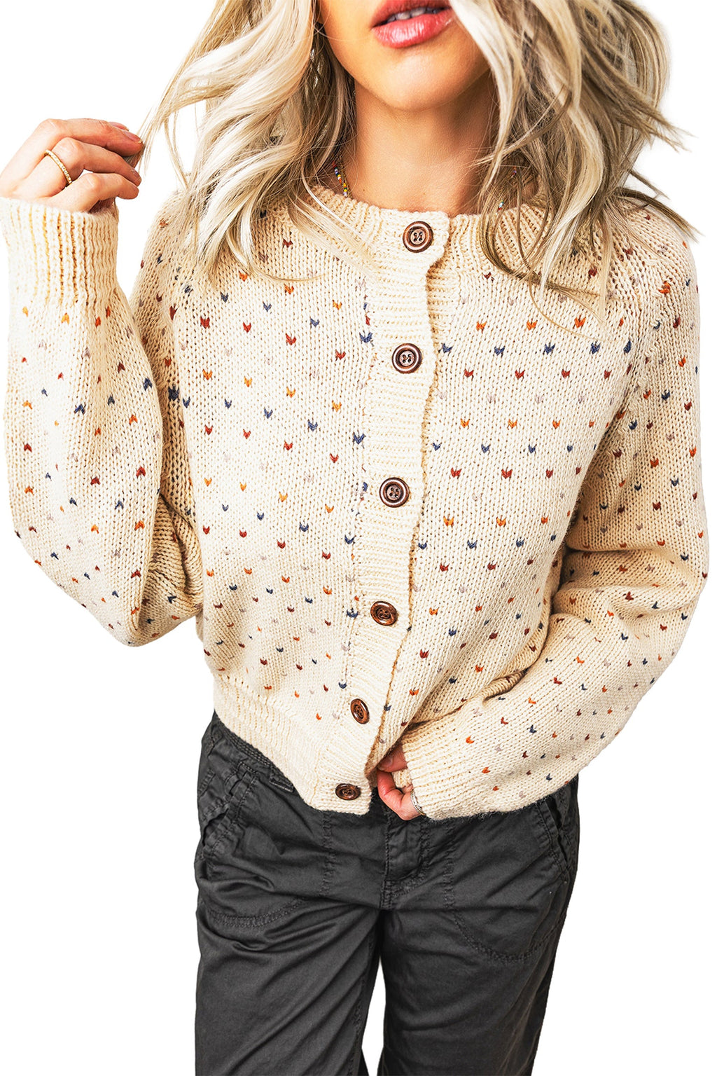 Beige Geometric Print Button Front Long Sleeve Regular Fit Cardigan